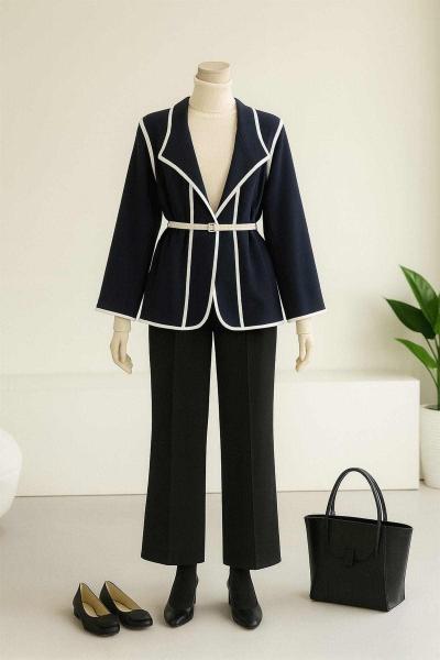 Kontras Biyeli Kaşe Ceket Lacivert