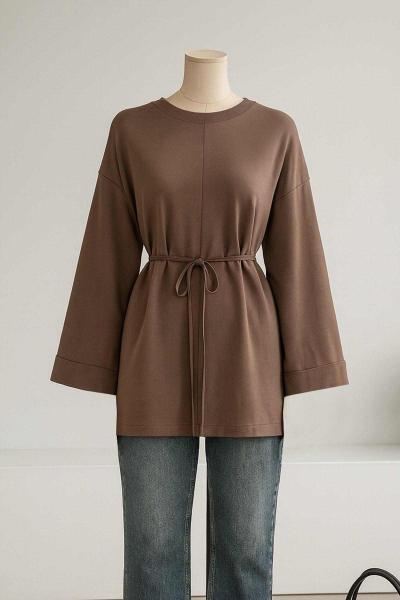 Dikiş Detaylı Yırtmaçlı İnce Bağlamalı Sweat Sütlü Kahve