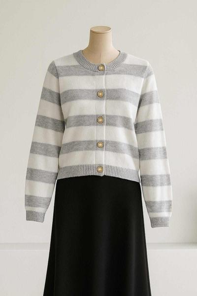 Kalın Çizgili 5 Düğmeli Kısa Triko Hırka Gri Ekru