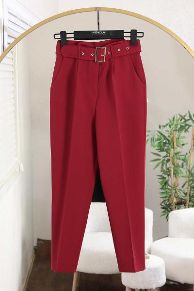 Beli Kemerli Havuç Paça Pantolon Bordo