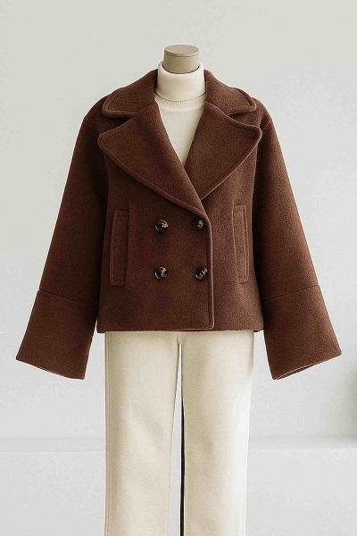 Dört Düğmeli Cep Kapaklı Kaşe Ceket Kahve