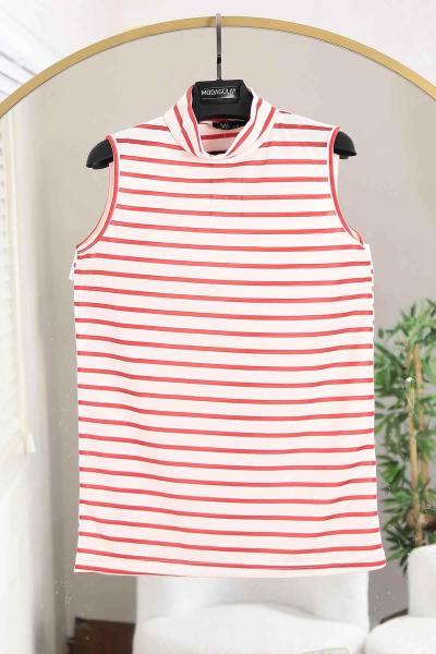 Yarım Balıkçı Çizgili Kolsuz Bady Kırmızı