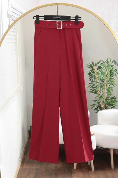 Beli Kemerli Bol Paça Pantolon Bordo