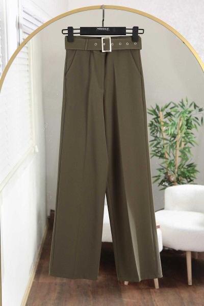 Beli Kemerli Bol Paça Pantolon Haki