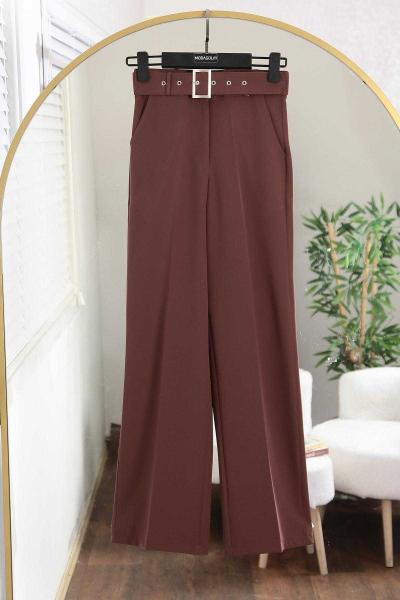 Beli Kemerli Bol Paça Pantolon Kahve
