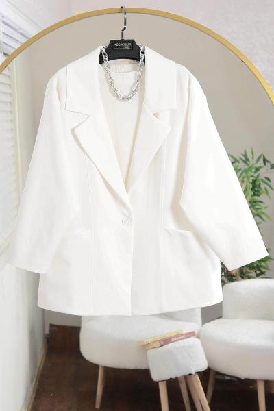 Tek Düğmeli Oversıze Çift Cepli Dabıl Ceket Ekru