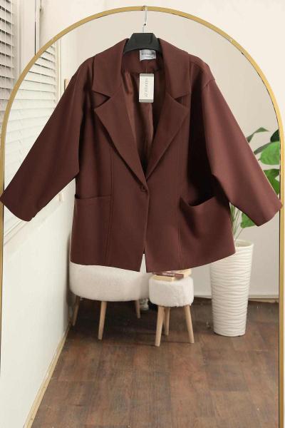 Tek Düğmeli Oversıze Çift Cepli Dabıl Ceket Kahve