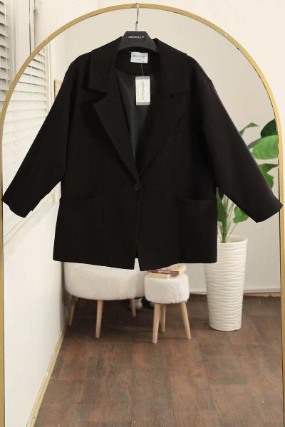 Tek Düğmeli Oversıze Çift Cepli Dabıl Ceket Siyah