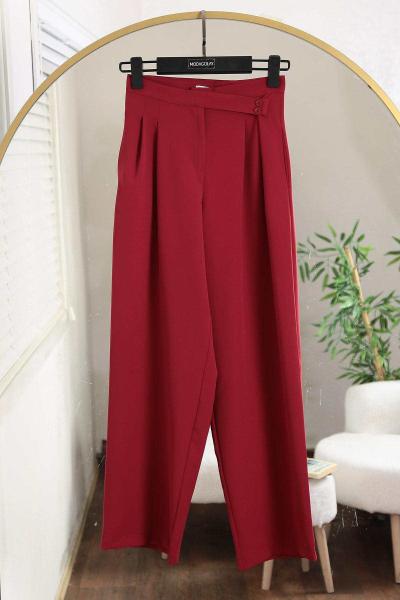 Çift Düğmeli Pileli Bol Paça Dabıl Pantolon Bordo