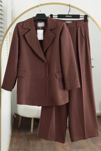 Çift Düğmeli Dabıl Pantolonlu Takım Kahve