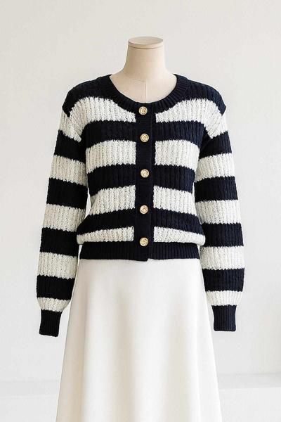 5 Düğmeli Kalın Çizgili Petek Örgü Triko Hırka Lacivert