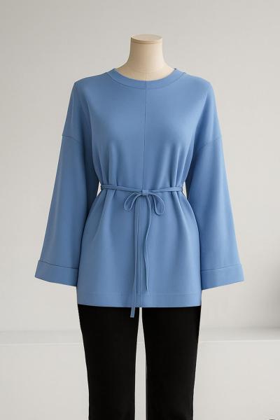 Dikiş Detaylı Yırtmaçlı İnce Bağlamalı Sweat Mavi