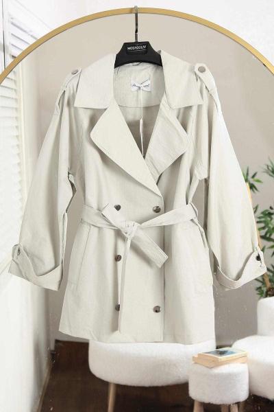 Altı Düğmeli Apoletli Kısa Trenç Taş