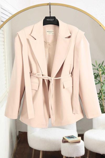 Omuzlardan Bantlı Silindir Kuşaklı Dabıl Ceket Bej