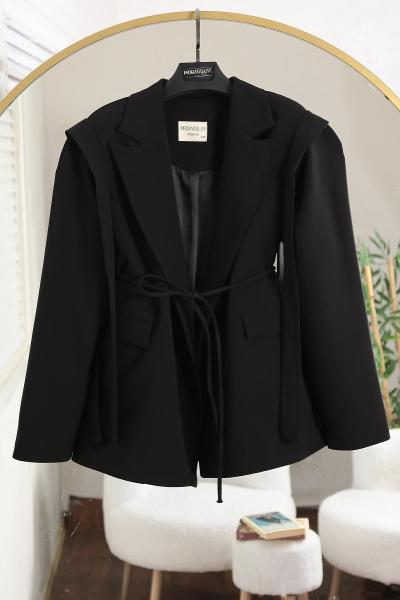 Omuzlardan Bantlı Silindir Kuşaklı Dabıl Ceket Siyah