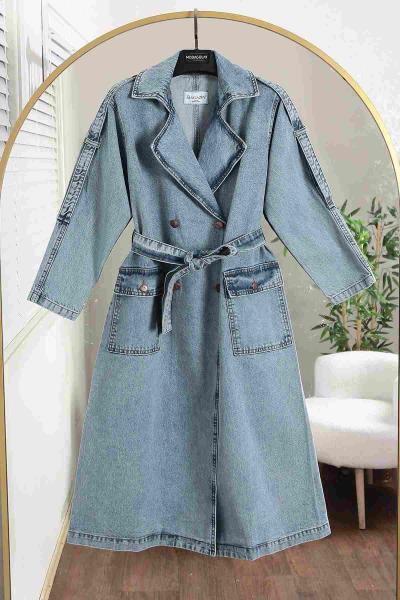 Dört Düğmeli Apoletli Kuşaklı 25 Kot Trenç Açık Mavi