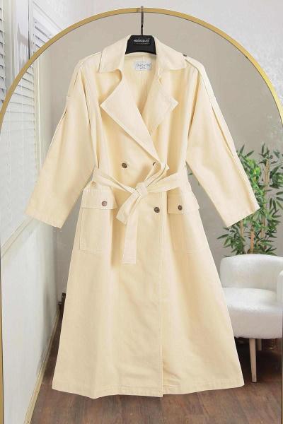 Dört Düğmeli Apoletli Kuşaklı 25 Kot Trenç Ekru