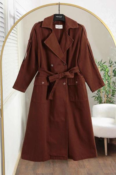 Dört Düğmeli Apoletli Kuşaklı 25 Kot Trenç Kahve