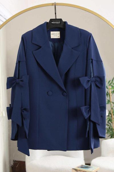 Kolları Fiyonk Detaylı Çift Düğmeli Dabıl Ceket İndigo