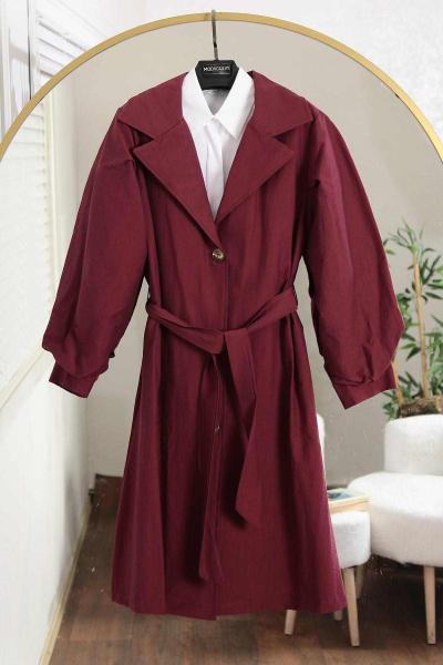 Balon Kollu Üç Düğmeli Kuşaklı Paraşüt Trenç Bordo