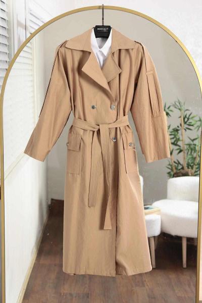 Apoletli Metal Düğmeli Çift Cep Vespa Trenç Camel