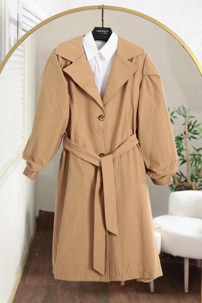 Balon Kollu Üç Düğmeli Kuşaklı Paraşüt Trenç Camel