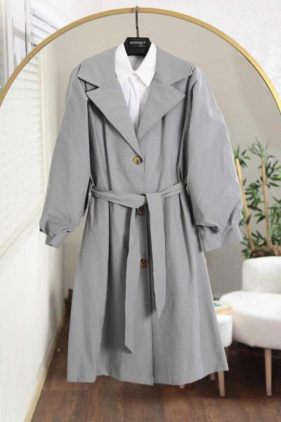 Balon Kollu Üç Düğmeli Kuşaklı Paraşüt Trenç Gri