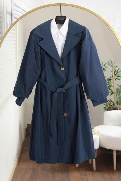 Balon Kollu Üç Düğmeli Kuşaklı Paraşüt Trenç Lacivert