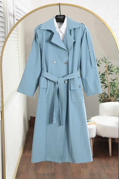 Apoletli Metal Düğmeli Çift Cep Vespa Trenç Mavi