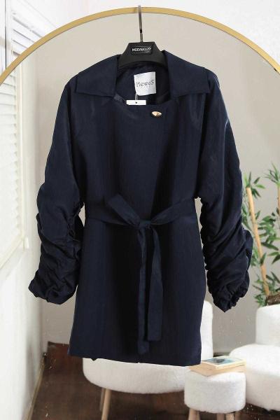 Kolları Arkası Büzgülü Kuşaklı Kısa Trenç Lacivert