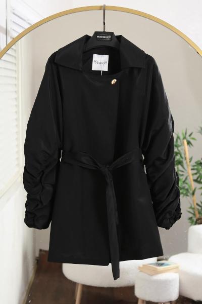 Kolları Arkası Büzgülü Kuşaklı Kısa Trenç Siyah