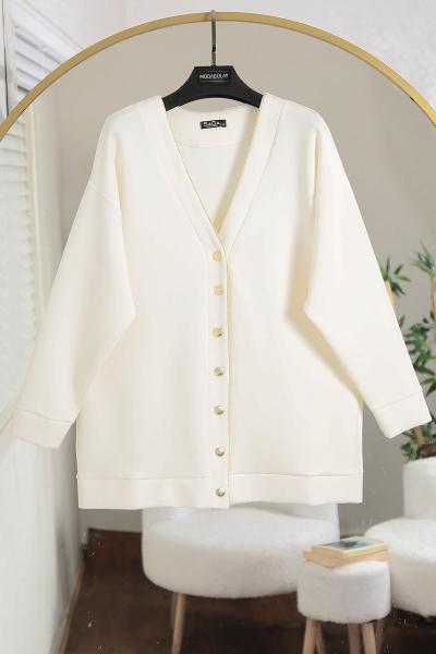 Yedi Düğmeli Gold Biyeli Aysho Hırka Ekru