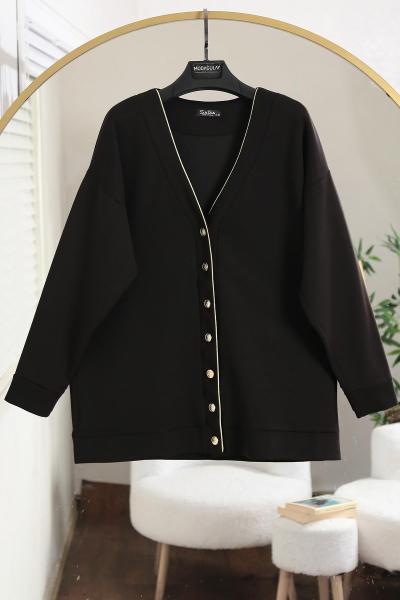 Yedi Düğmeli Gold Biyeli Aysho Hırka Siyah