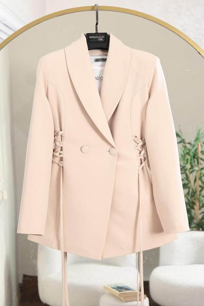 Yanları Bağlamalı Şal Yaka Çift Düğmeli Dabıl Ceket Bej