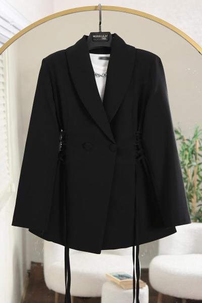 Yanları Bağlamalı Şal Yaka Çift Düğmeli Dabıl Ceket Siyah