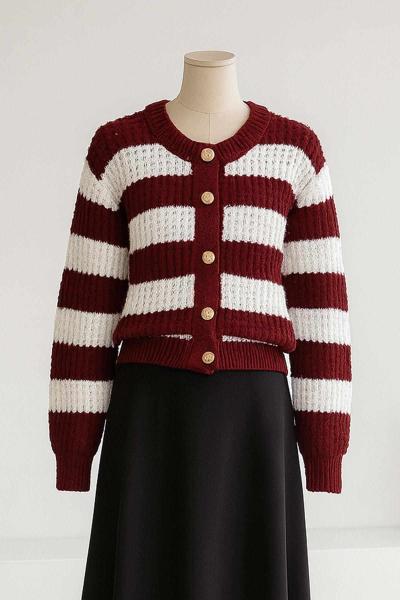 5 Düğmeli Kalın Çizgili Petek Örgü Triko Hırka Bordo