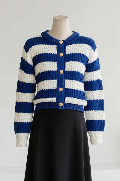 5 Düğmeli Kalın Çizgili Petek Örgü Triko Hırka Saks