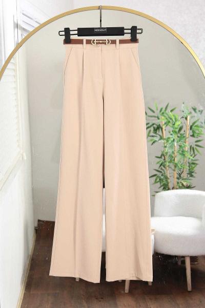 Pileli Beli Kemerli Dabıl Pantolon Bej