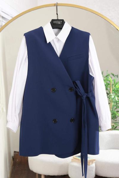 4 Düğmeli Floto Cep Detay Bağlamalı Dabıl Yelek İndigo