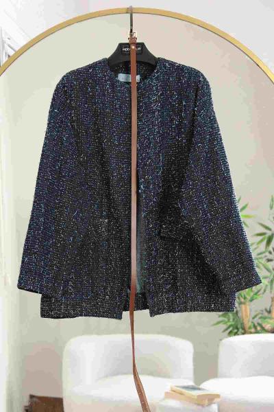 İnce Kemerli Çift Cepli Kot Tuvit Kot Ceket Koyu Mavi