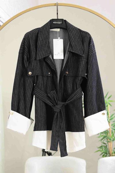 İnce Çizgili Çift Cepli Garnili Kot Ceket Lacivert