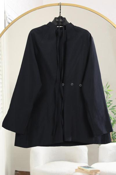 Hakim Yaka Üç Düğmeli İnce Kuşaklı Ceket Lacivert