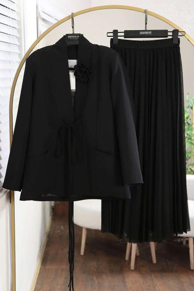 Bağlamalı Gül Aksesuarlı Piliseli Tül Etekli Dabıl Takım Siyah