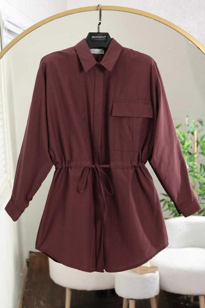 Tek Cepli Tünelli Bağlamalı Poplin Gömlek Kahve