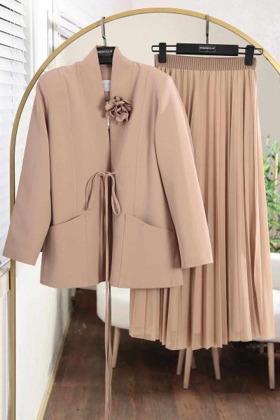 Bağlamalı Gül Aksesuarlı Piliseli Tül Etekli Dabıl Takım Vizon