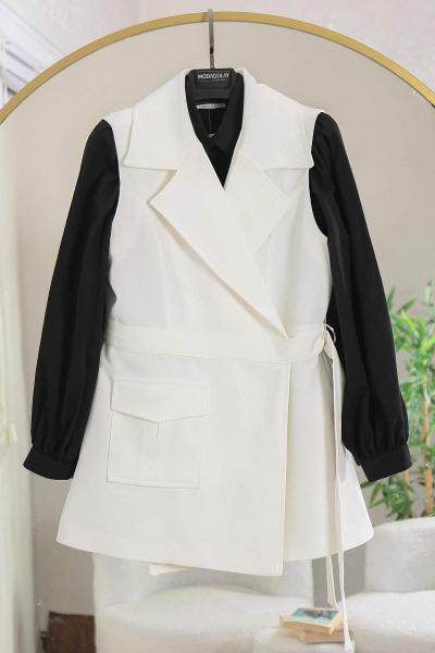 Tokalı Bağlamalı Tek Cepli Dabıl Yelek Ekru