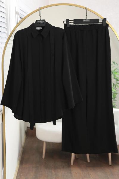 Beli Kuşaklı Pantolonu Lastikli Tencel Takım Siyah