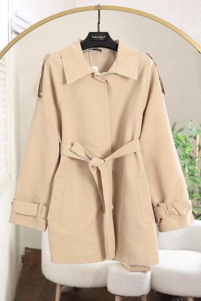 Yaka Ve Arkası Taş Detay Alerli Trenç Bej