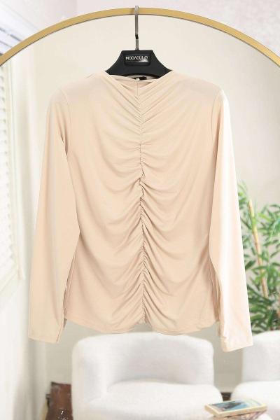 Sıfır Yaka Önü Büzgülü Sandy Bady Bej