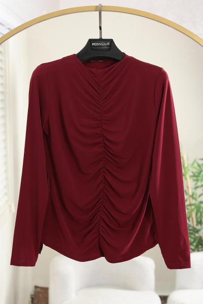 Sıfır Yaka Önü Büzgülü Sandy Bady Bordo